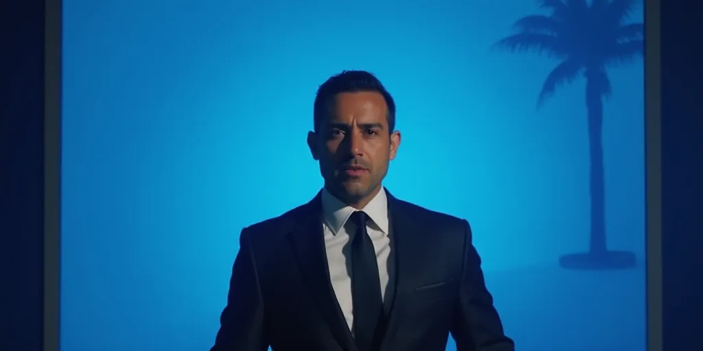 a man in a suit and tie standing in front of a blue background with a caption that reads miguel gonz