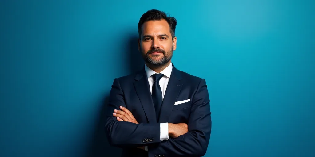 a man in a suit and tie standing with his arms crossed in front of him with a blue background, Estua