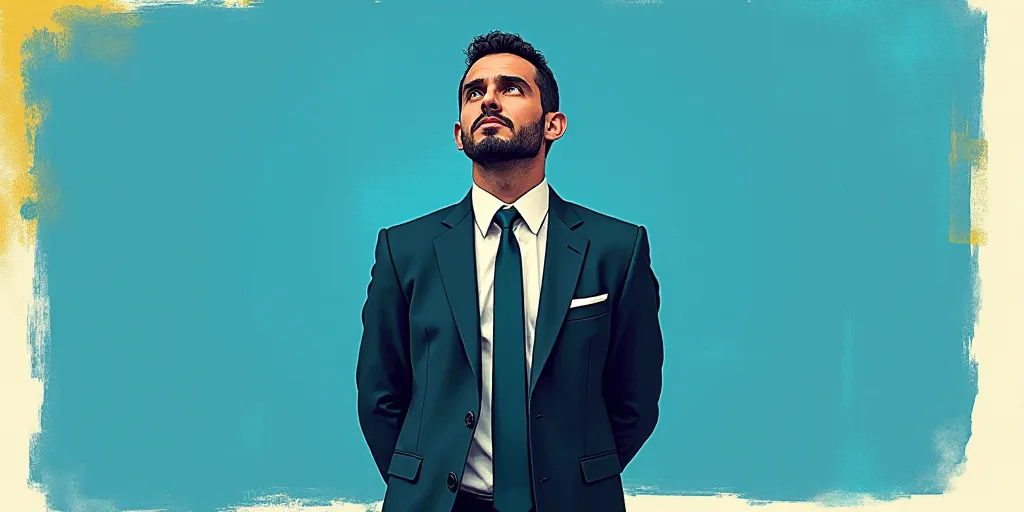 a man in a suit and tie standing in front of a blue background with a white and yellow border, Carlo