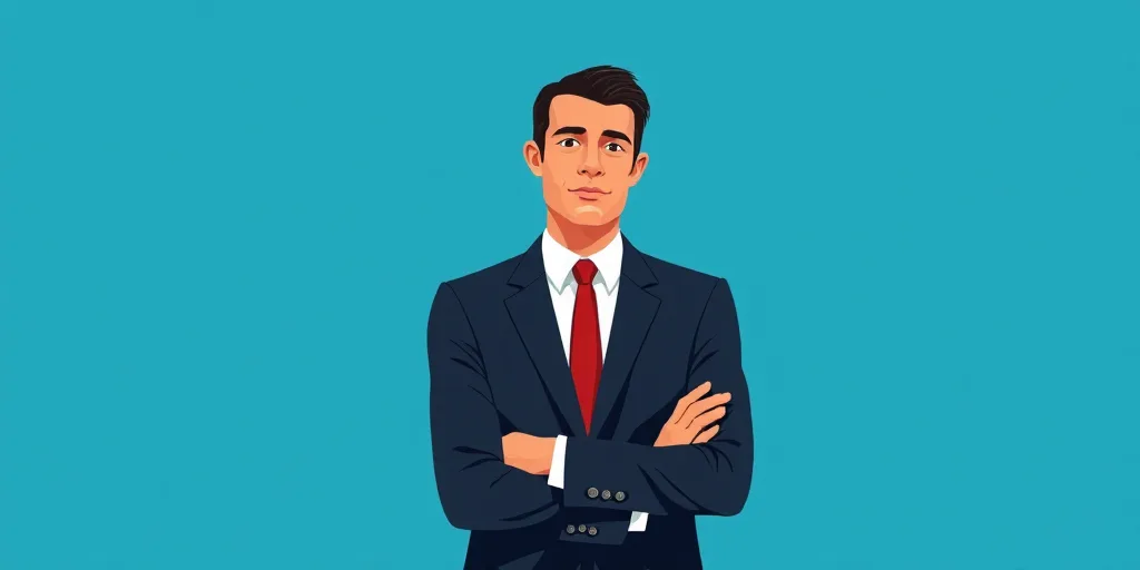 a man in a suit and tie standing with his arms crossed in front of him, with a blue background, Carl