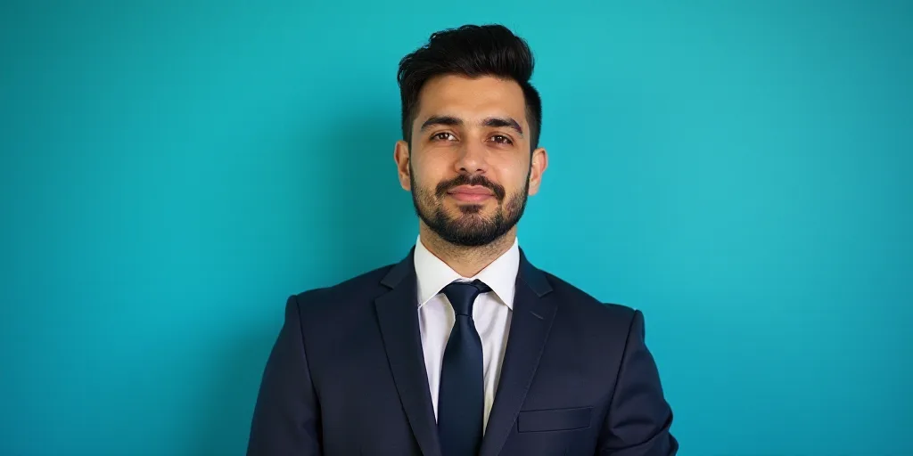 a man in a suit and tie standing in front of a blue background with a black and white photo, Alejand