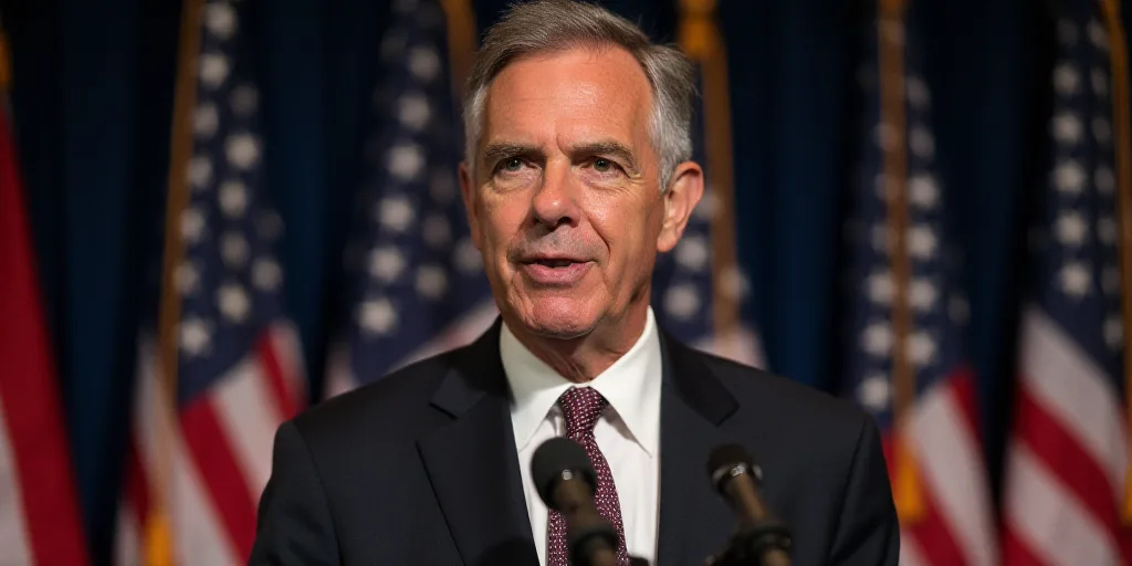 a man in a suit and tie standing in front of flags and a microphone with a microphone in front of hi