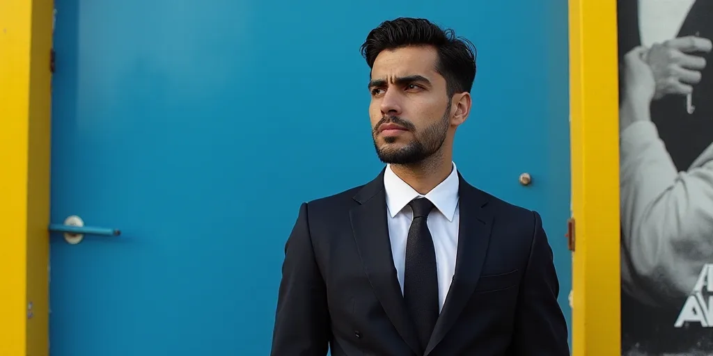 a man in a suit and tie standing in front of a blue background with a yellow border and a black and