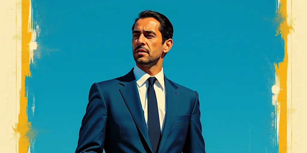 a man in a suit and tie standing in front of a blue background with a white and yellow border, Carlo