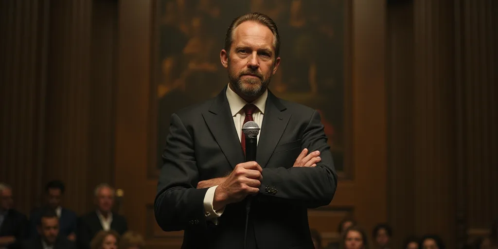 a man in a suit and tie standing in a room with a microphone in his hand and his arms folded, Beeple