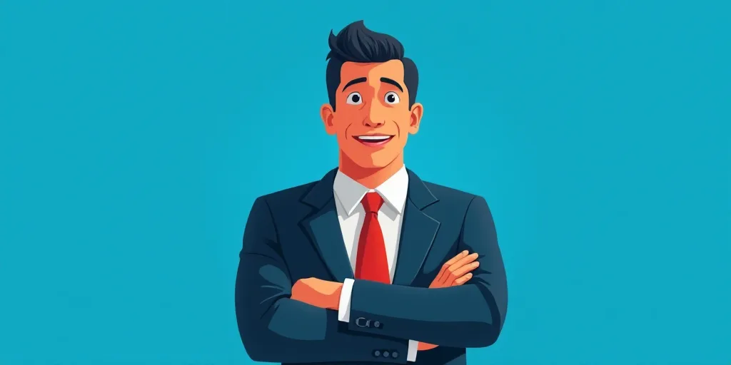 a man in a suit and tie standing with his arms crossed in front of him, with a blue background, Carl