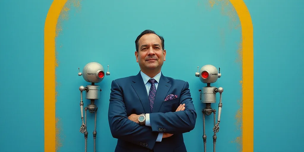 a man in a suit and tie standing with his arms crossed in front of a blue background with a yellow b