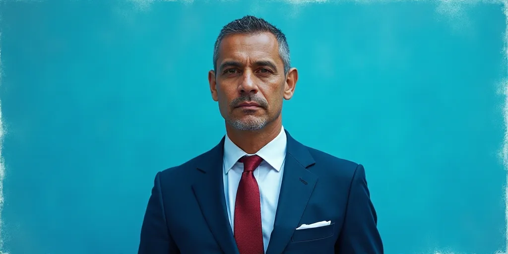 a man in a suit and tie standing in front of a blue background with a caption that reads, louis migu