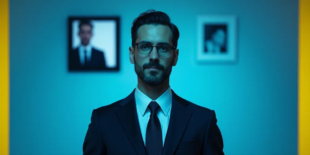 a man in a suit and tie standing in front of a blue background with a yellow border and a black and