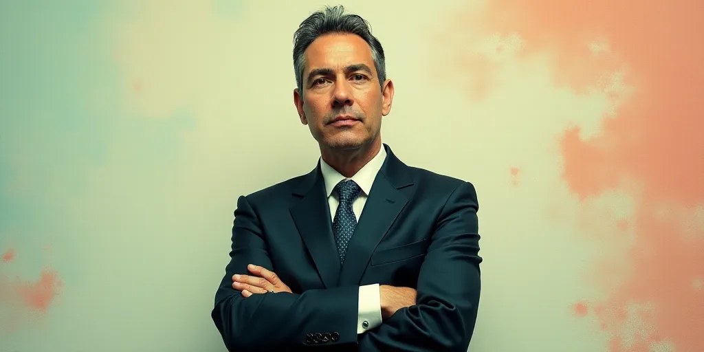 a man in a suit and tie standing with his arms crossed in front of him, with the caption of a photo