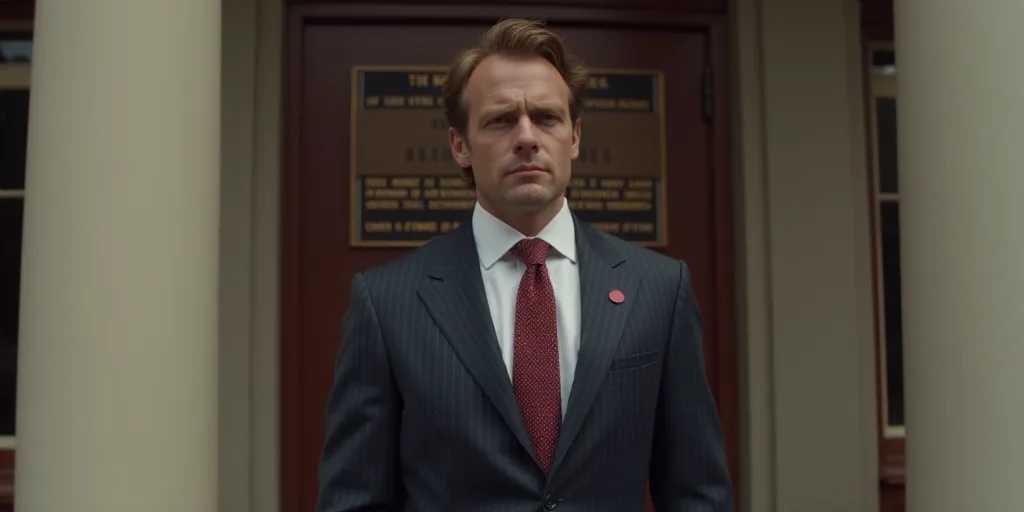 a man in a suit and tie standing outside of a building with a plaque on the wall behind him, Bill Le