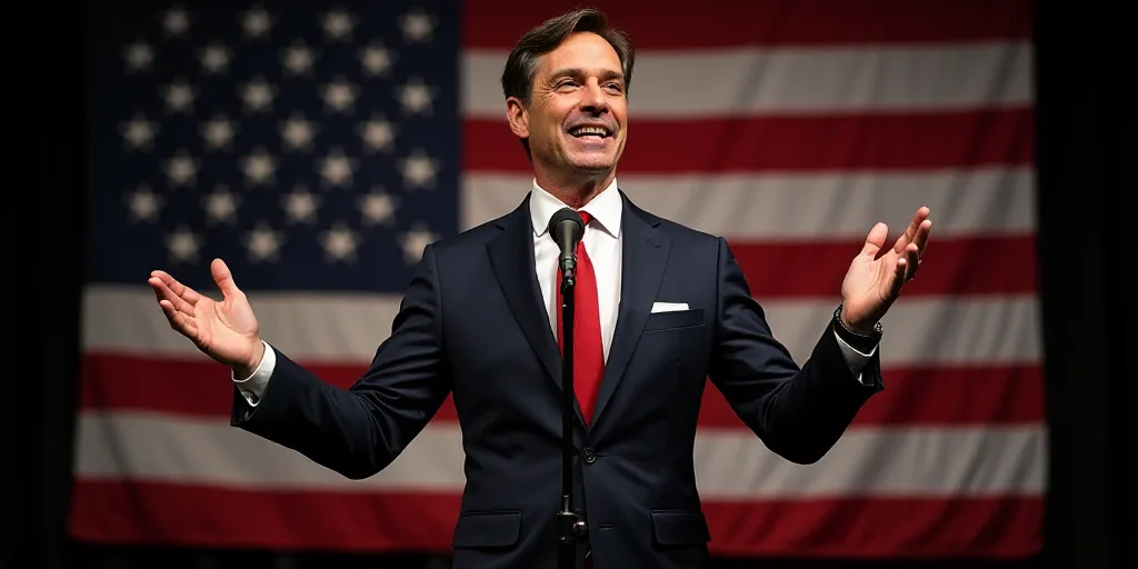 a man in a suit and tie standing in front of a flag and a microphone with his hands out, Eric Peters