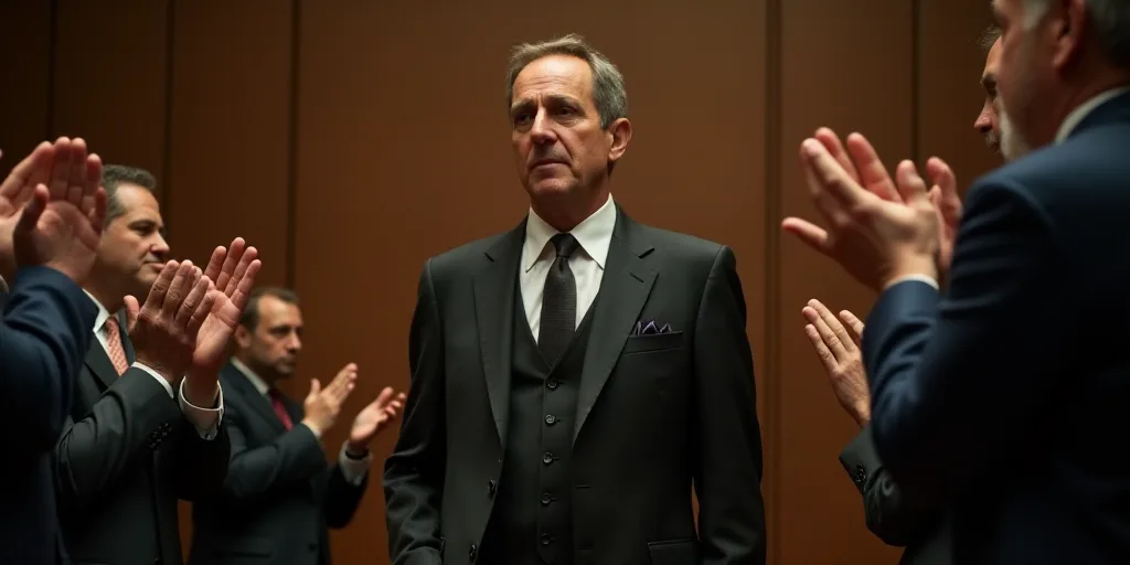 a man in a suit and tie standing in a room with other people clapping and clapping hands in front of