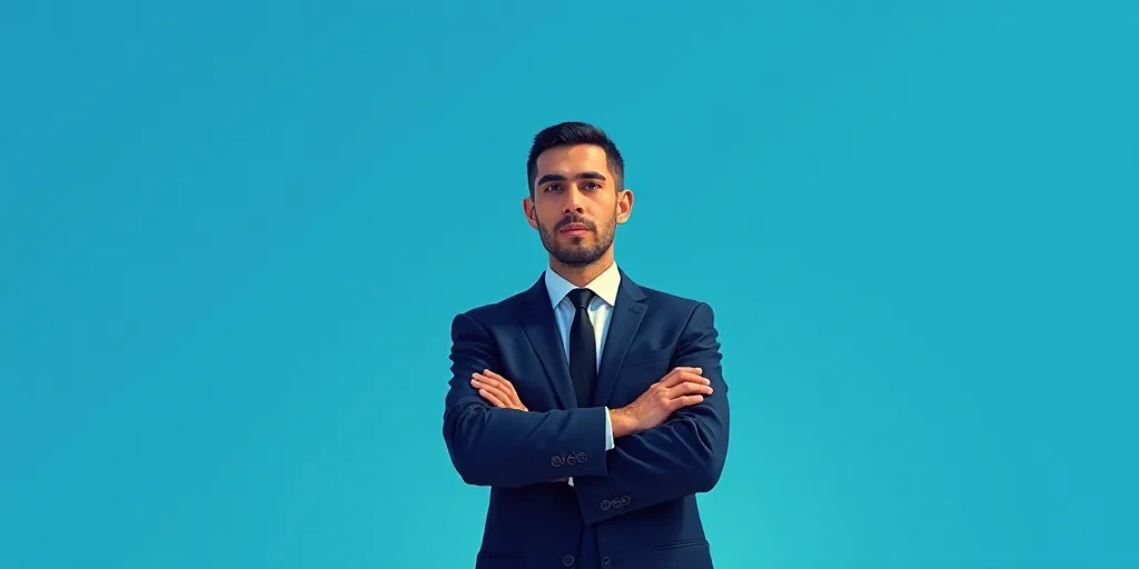 a man in a suit and tie standing with his arms crossed in front of him, with a blue background, Carl
