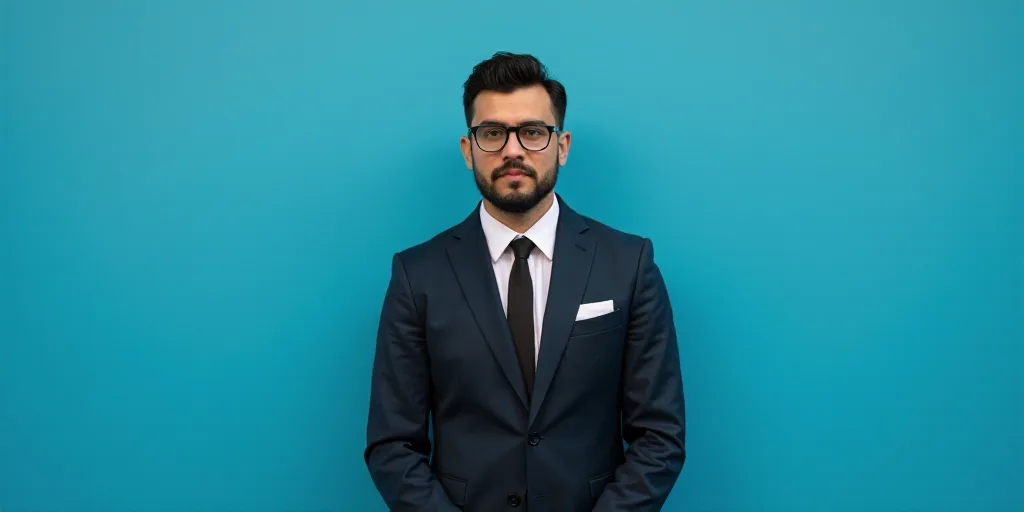 a man in a suit and tie standing in front of a blue background with a black and white photo, Alejand