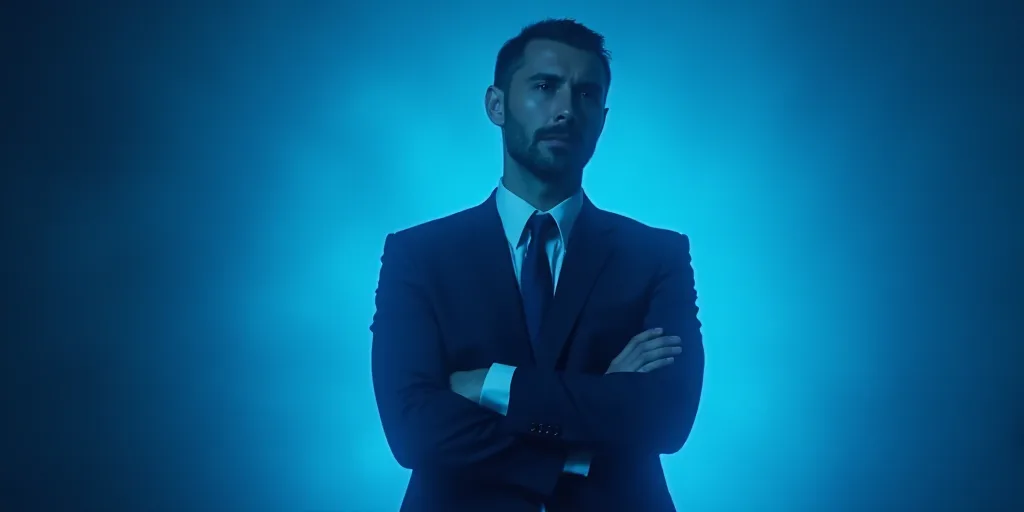 a man in a suit and tie standing with his arms crossed in front of him with a blue background, Enriq