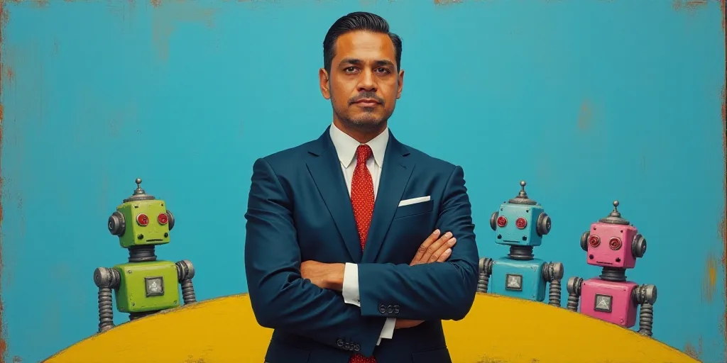 a man in a suit and tie standing with his arms crossed in front of a blue background with a yellow b