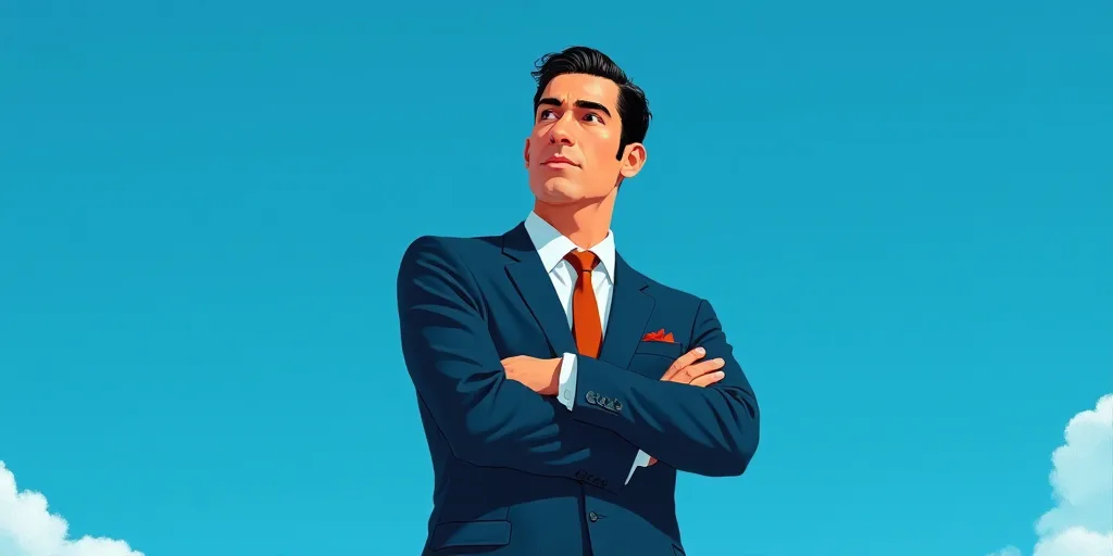 a man in a suit and tie standing with his arms crossed in front of him, with a blue background, Carl