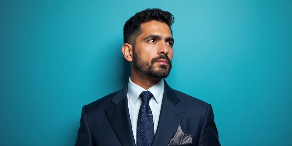 a man in a suit and tie standing in front of a blue background with a caption that reads, louis migu