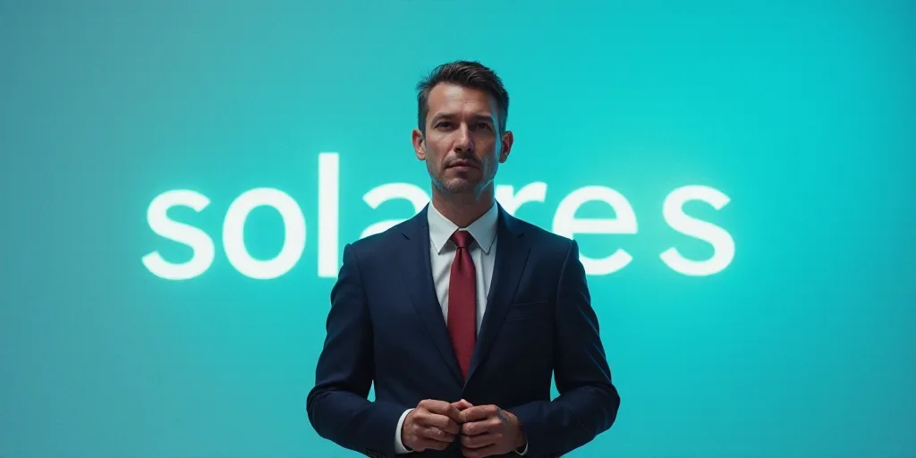 a man in a suit and tie standing in front of a blue background with the words paul marinez solares,