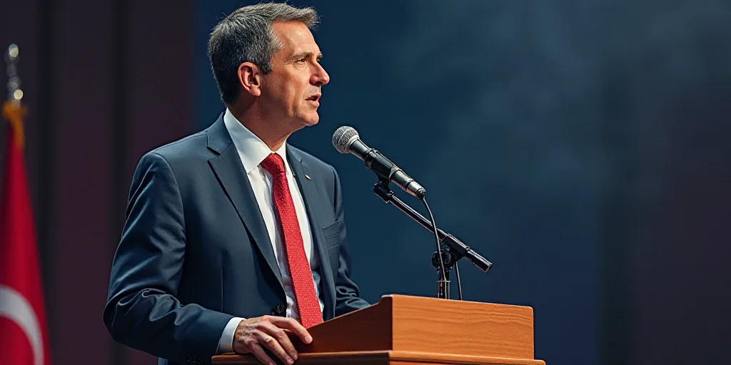 a man in a suit and tie standing at a podium in front of a microphone and a microphone stand, Bernat