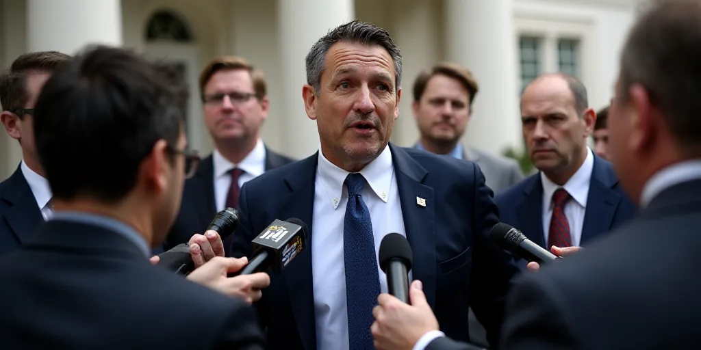 a man in a suit and tie surrounded by reporters and reporters holding microphones and talking to rep