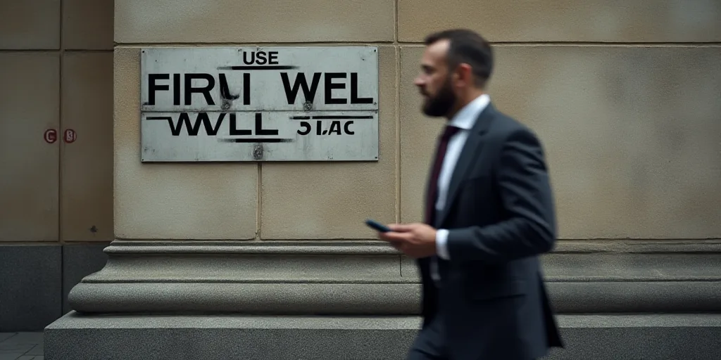 a man in a suit and tie walking past a wall street sign with a cell phone in his hand, Andries Stock