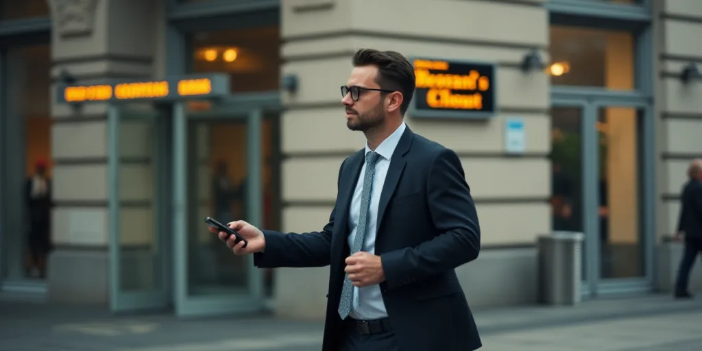 a man in a suit and tie walking past a wall street sign with a cell phone in his hand, Andries Stock