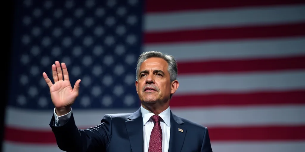 a man in a suit and tie waves to the crowd at a political event with an american flag in the backgro