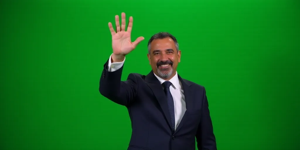 a man in a suit and tie waving at the camera with his hand up in the air with a green background, Fe