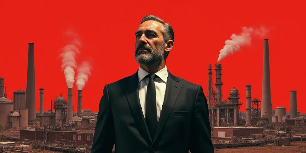 a man in a suit and tie with a red background and a collage of images of a factory, Andries Stock, h