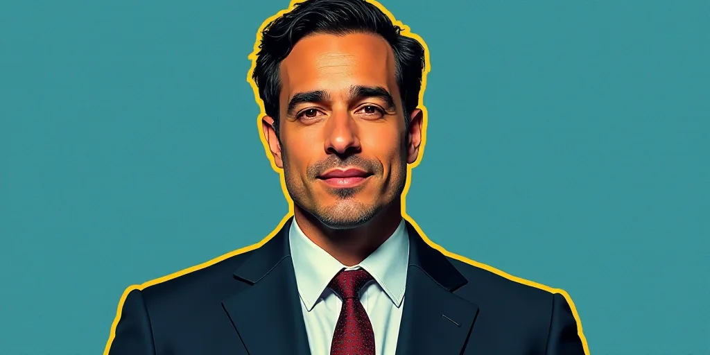 a man in a suit and tie with a blue background and a yellow border around him is a business card wit