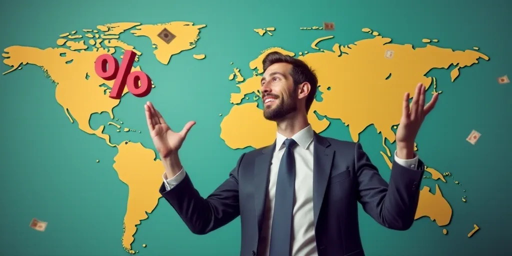 a man in a suit and tie with a percentage sign over a map of the world with money falling from it, A