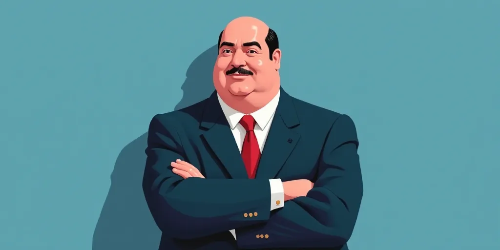 a man in a suit and tie with his arms crossed and his arms crossed, with a blue background, Fernando