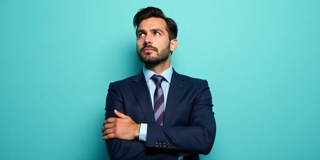 a man in a suit and tie with his arms crossed and his hands folded in front of him, with a blue back