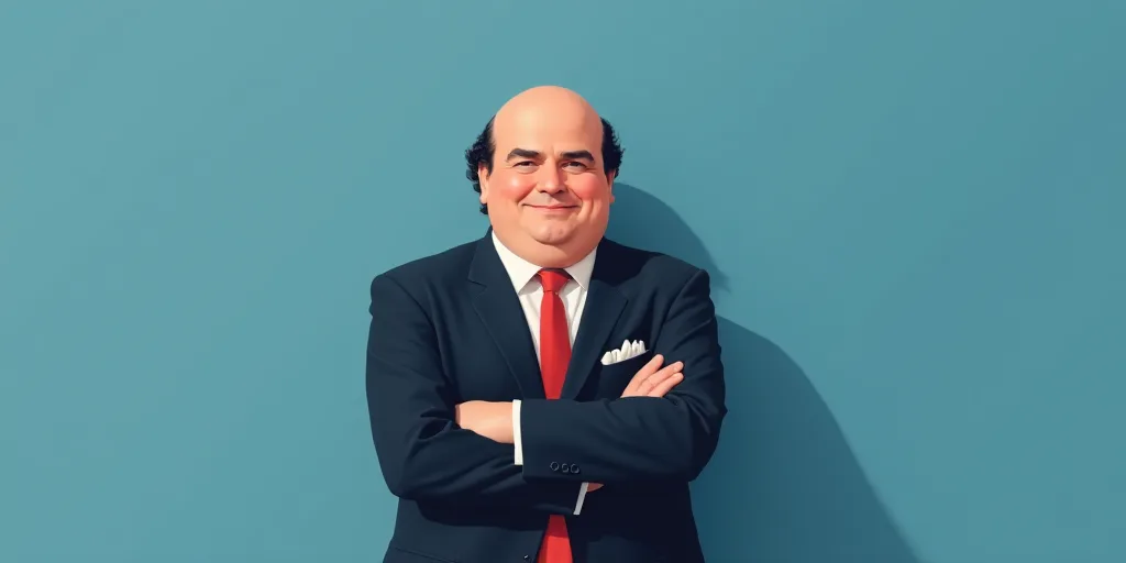 a man in a suit and tie with his arms crossed and his arms crossed, with a blue background, Fernando