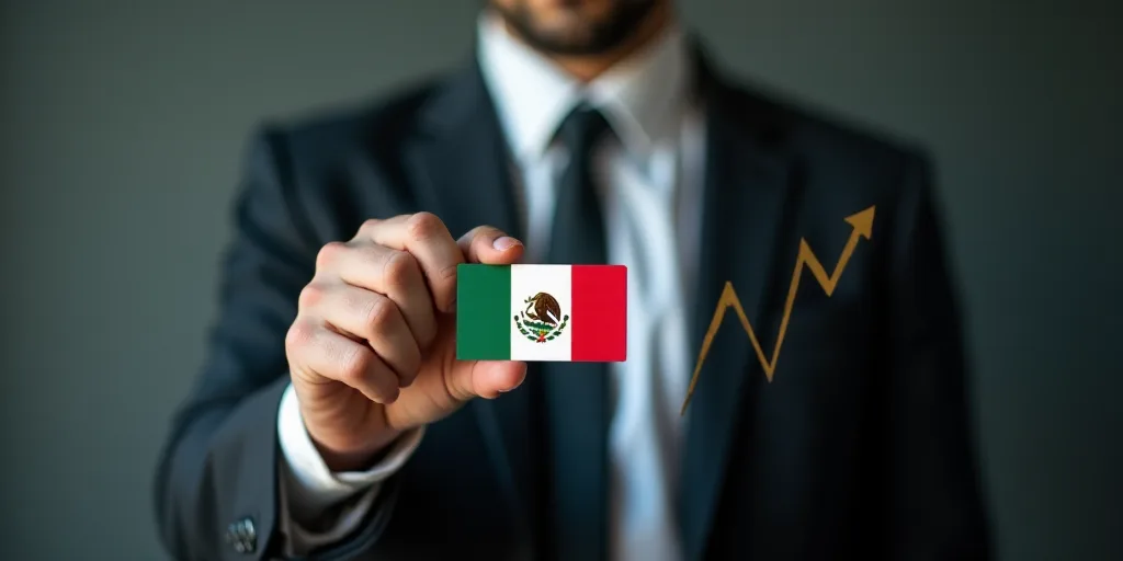 a man in a suit holding a business card with a mexican flag on it and a rising bar graph, Andries St