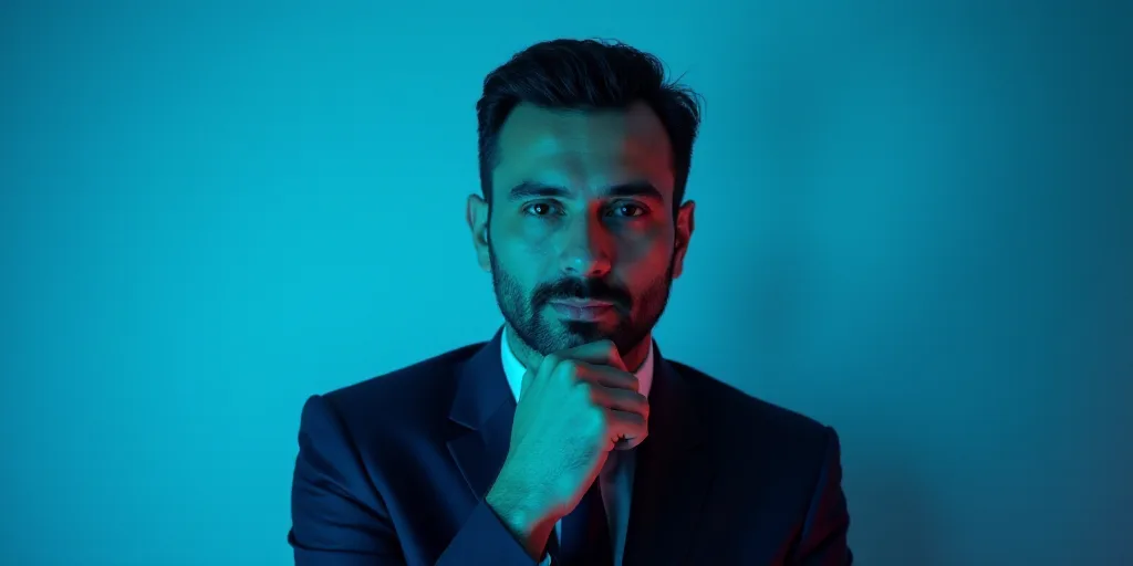a man in a suit is posing for a picture with his chin resting on his hand, with a blue background, A
