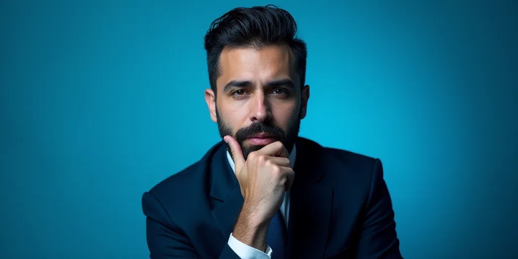 a man in a suit is posing for a picture with his chin resting on his hand, with a blue background, A