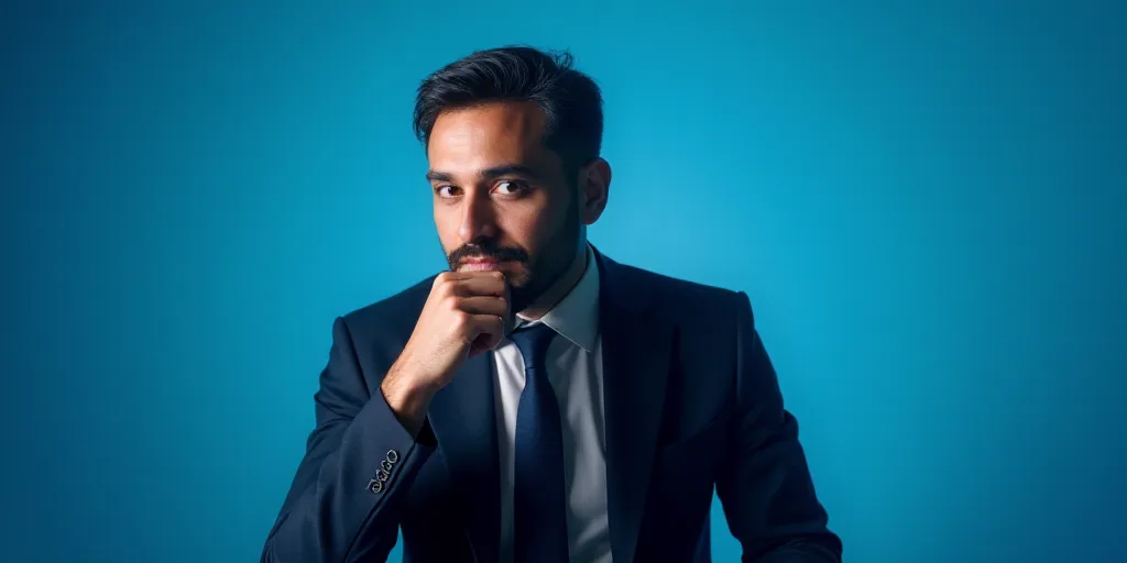 a man in a suit is posing for a picture with his chin resting on his hand, with a blue background, A
