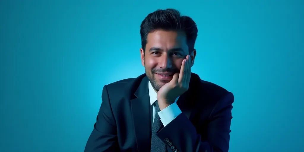 a man in a suit is posing for a picture with his chin resting on his hand, with a blue background, A