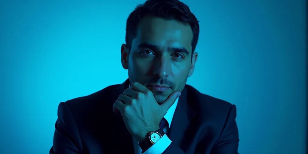 a man in a suit is posing for a picture with his chin resting on his hand, with a blue background, A