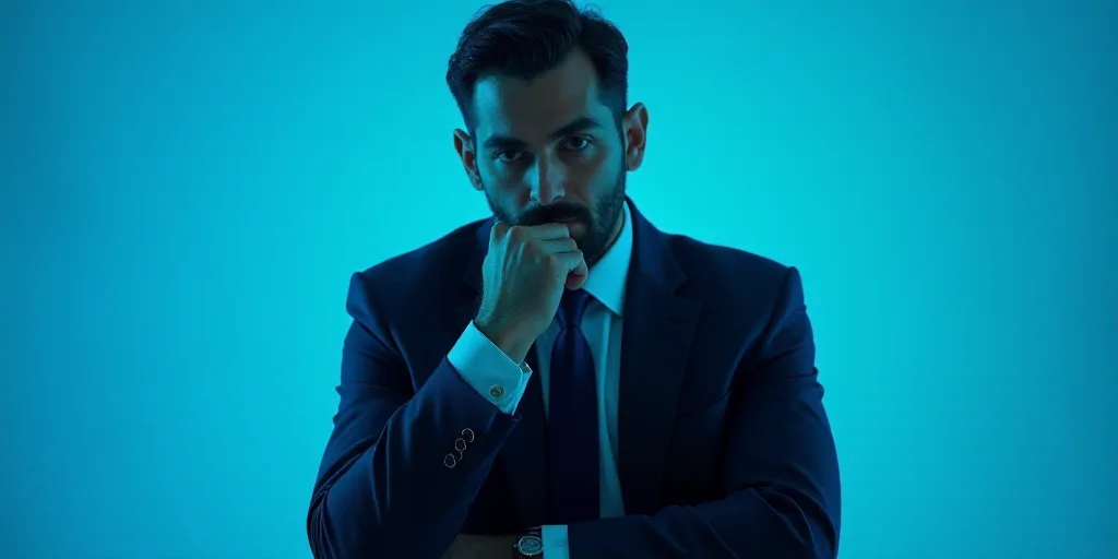 a man in a suit is posing for a picture with his chin resting on his hand, with a blue background, A