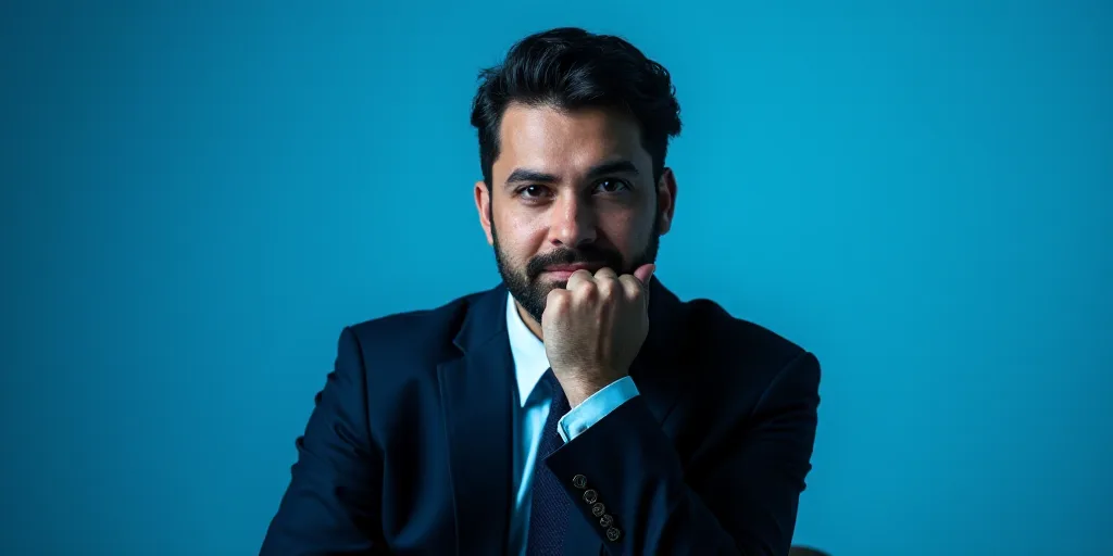 a man in a suit is posing for a picture with his chin resting on his hand, with a blue background, A