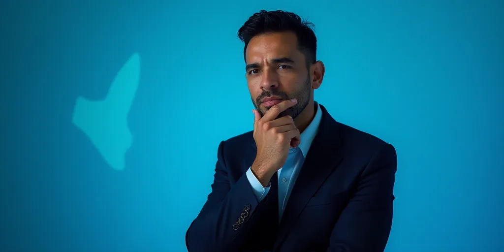 a man in a suit is posing for a picture with his chin resting on his hand, with a blue background, A