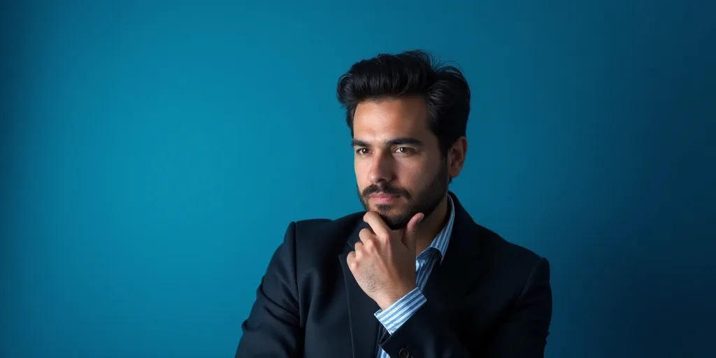 a man in a suit is posing for a picture with his chin resting on his hand, with a blue background, A