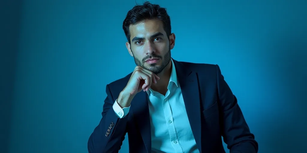 a man in a suit is posing for a picture with his chin resting on his hand, with a blue background, A