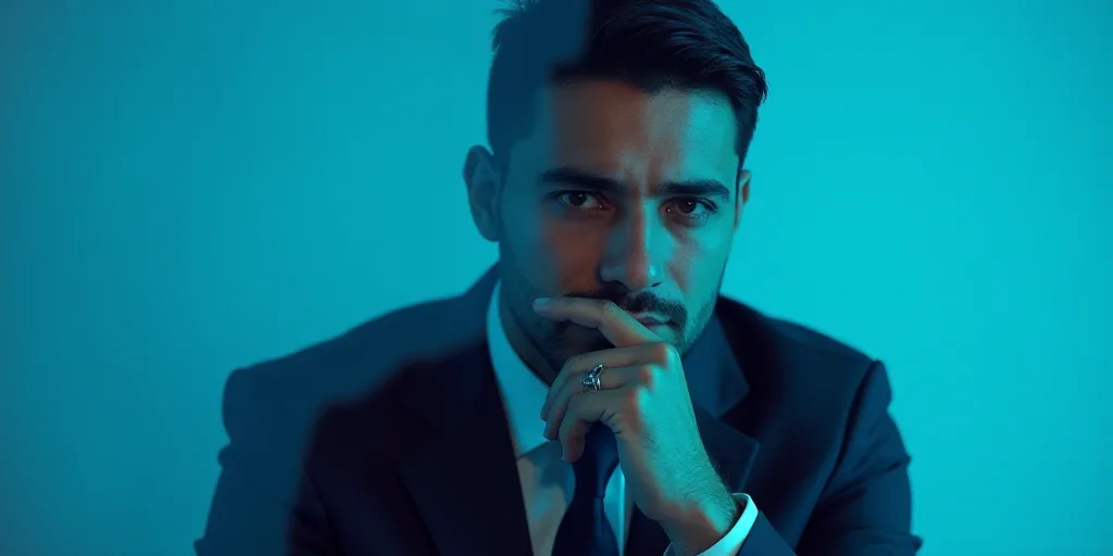 a man in a suit is posing for a picture with his chin resting on his hand, with a blue background, A