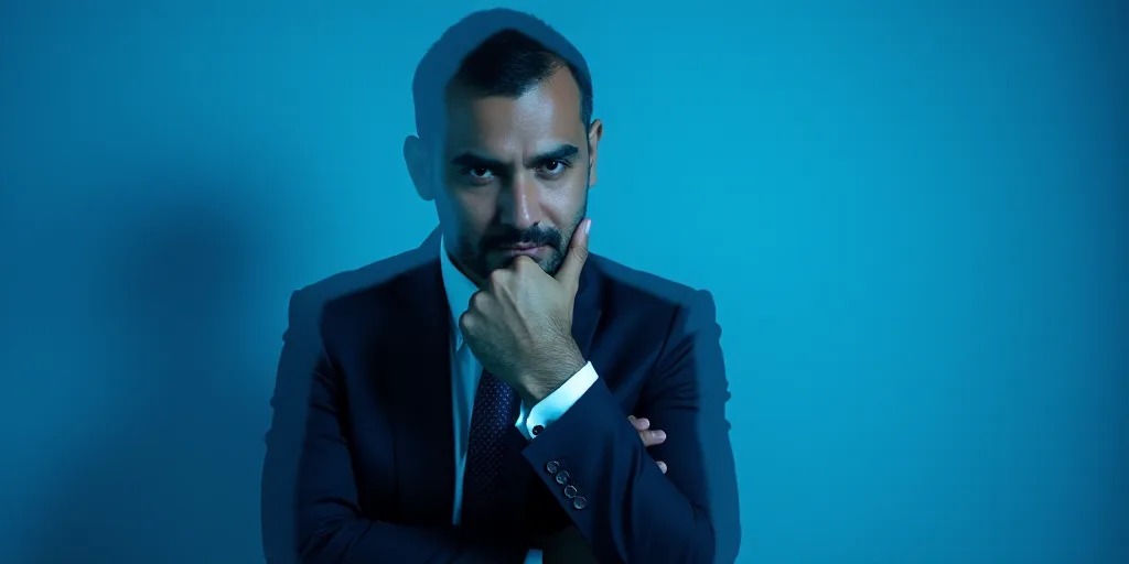 a man in a suit is posing for a picture with his chin resting on his hand, with a blue background, A