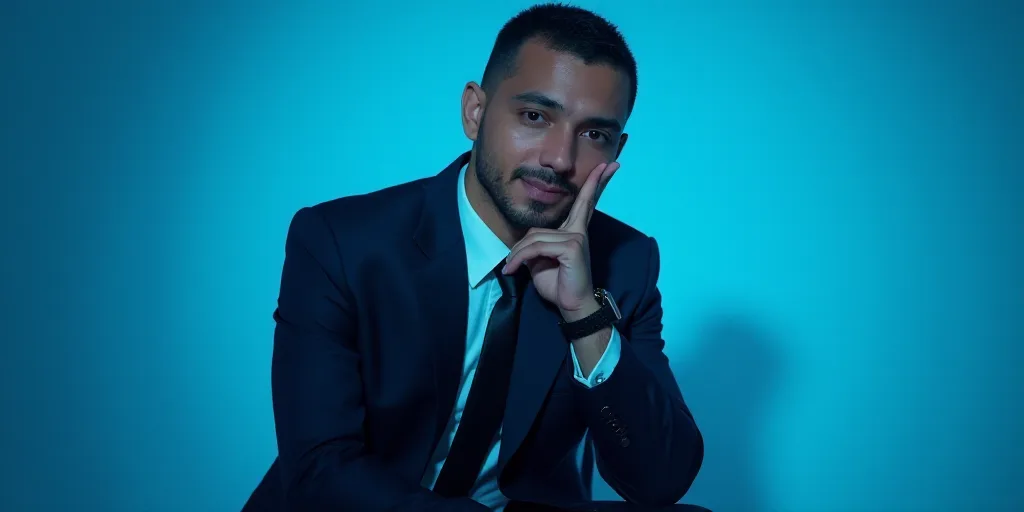 a man in a suit is posing for a picture with his chin resting on his hand, with a blue background, A